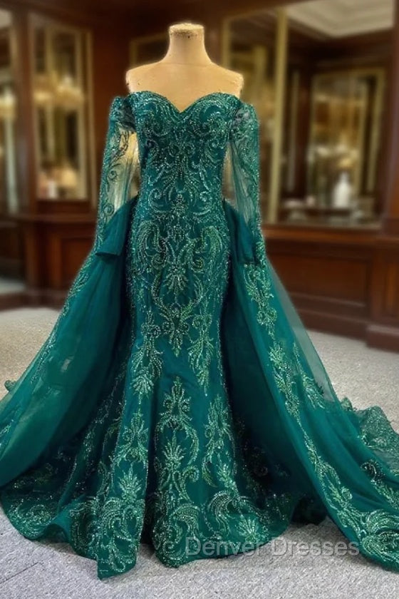 Dark Green Mermaid Tulle Appliques Beading Prom Dress