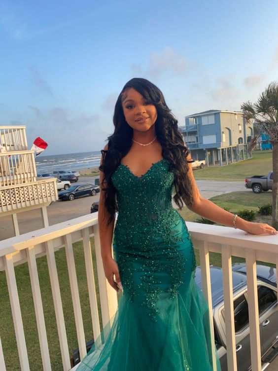 Dark Green Mermaid Tulle Lace Prom Dress Winter Formal Gown Main image