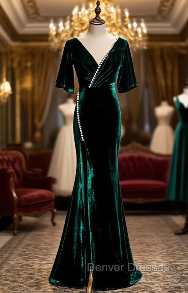 Dark Green Mermaid Velvet Short Sleeve V-neck Prom Dress Main image