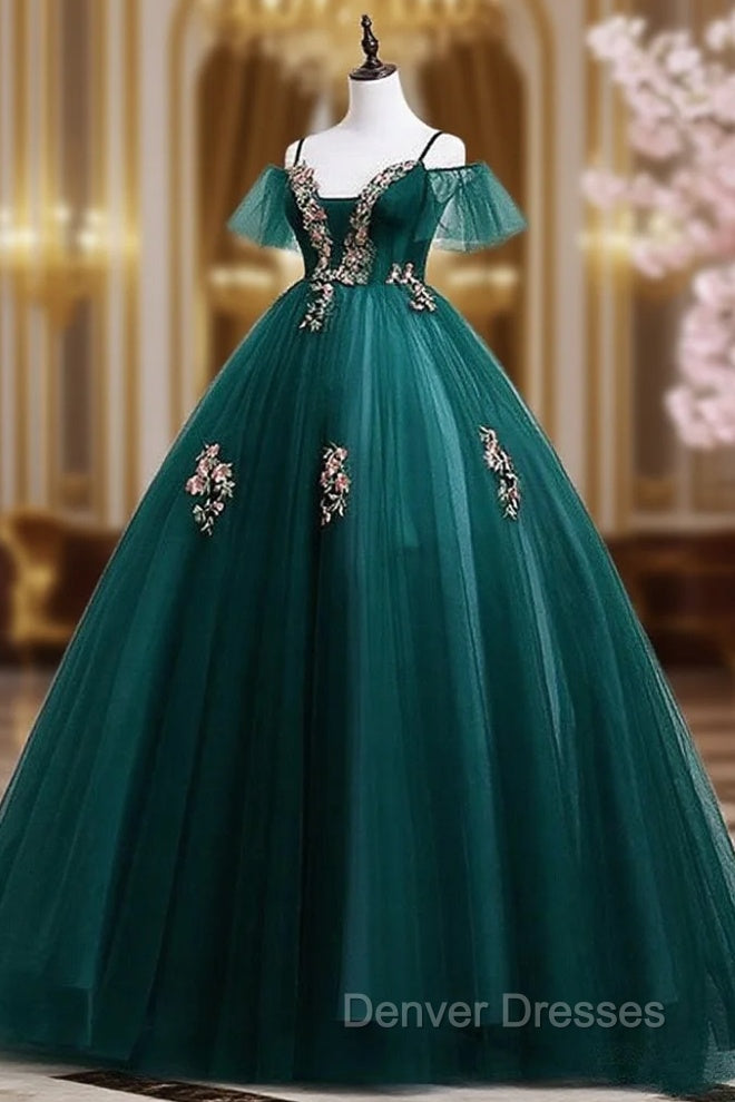 Dark Green Off Shoulder Tulle Party Dress with Lace, Green Formal Dress Prom Dress