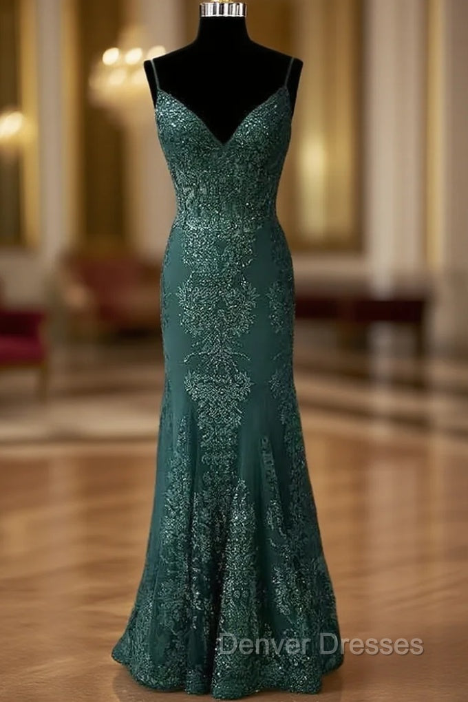 Dark Green Prom Dress, Trumpet/Mermaid V Neck Spaghetti Straps Long/Floor-Length Tulle Prom Dress With Appliqued Beading