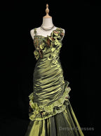Dark Green Retro Mermaid Irregular Neckline Satin Beaded Long Prom Dress Birthday Graduation Prom Dress
