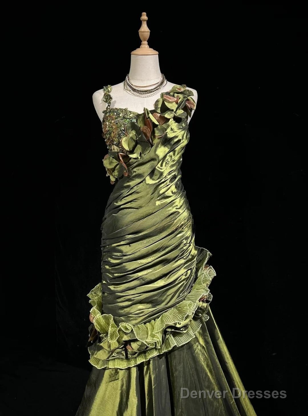 Dark Green Retro Mermaid Irregular Neckline Satin Beaded Long Prom Dress Birthday Graduation Prom Dress
