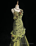 Dark Green Retro Mermaid Irregular Neckline Satin Beaded Long Prom Dress Birthday Graduation Prom Dress