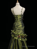 Dark Green Retro Mermaid Irregular Neckline Satin Beaded Long Prom Dress Birthday Graduation Prom Dress