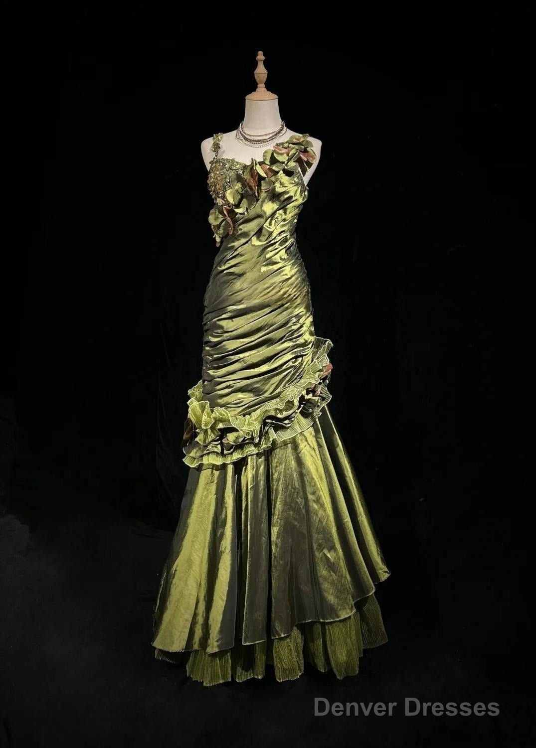 Dark Green Retro Mermaid Irregular Neckline Satin Beaded Long Prom Dress Birthday Graduation Prom Dress Main image