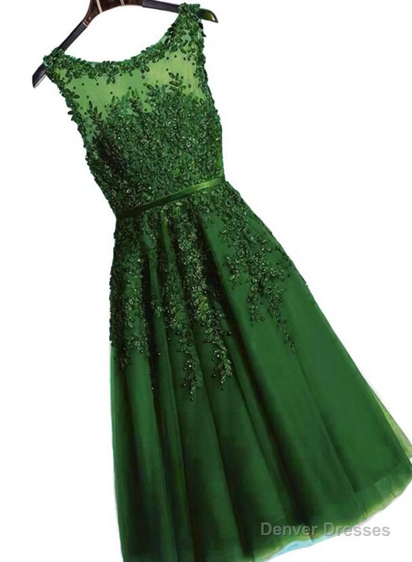 Dark Green Round Neckline Tea Length Lace Party Dress, Wedding Party Dress Secondary image