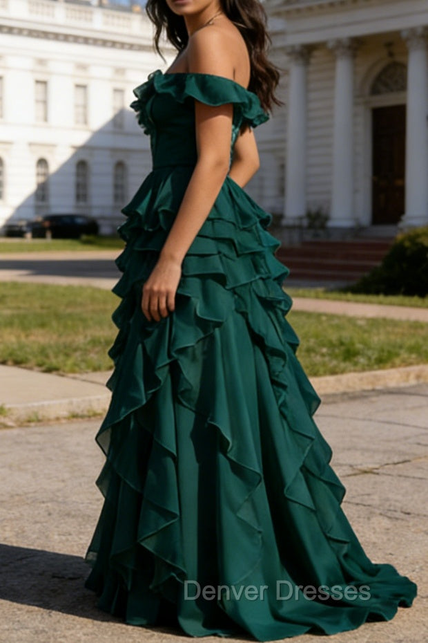 Dark Green Ruffled A-Line Square Neck Long Prom Dress Secondary image
