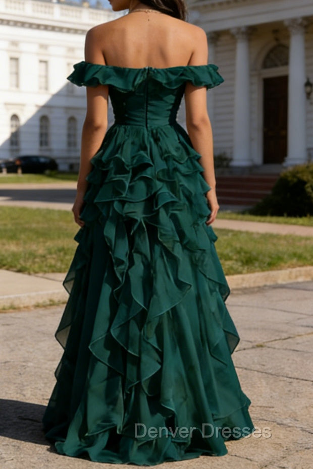 Dark Green Ruffled A-Line Square Neck Long Prom Dress