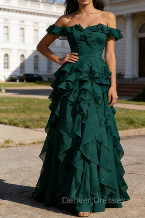 Dark Green Ruffled A-Line Square Neck Long Prom Dress Main image