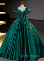 Dark Green Satin Ball Gown Sweet 16 Dress, Green Long Formal Dress Party Dress