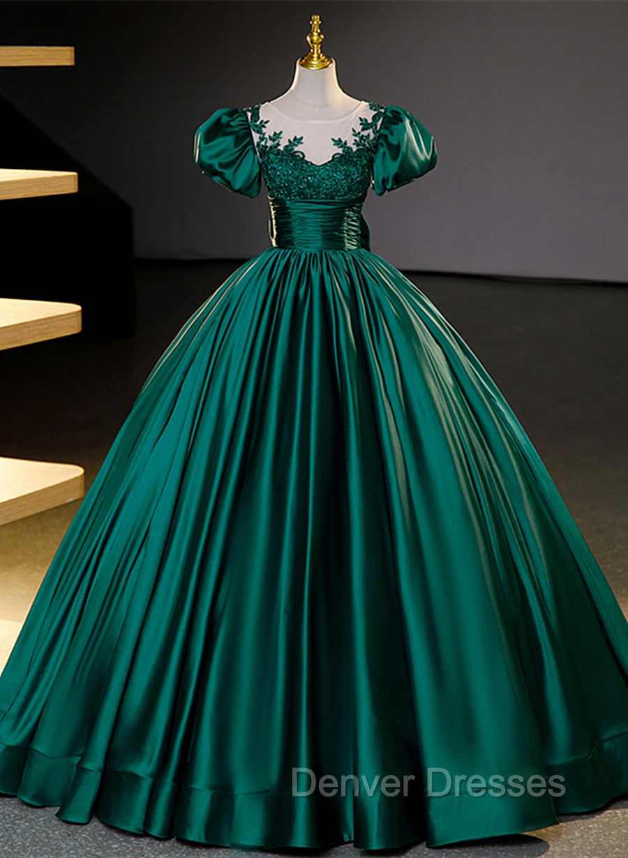 Dark Green Satin Ball Gown Sweet 16 Dress, Green Long Formal Dress Party Dress Main image