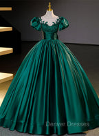 Dark Green Satin Ball Gown Sweet 16 Dress, Green Long Formal Dress Party Dress