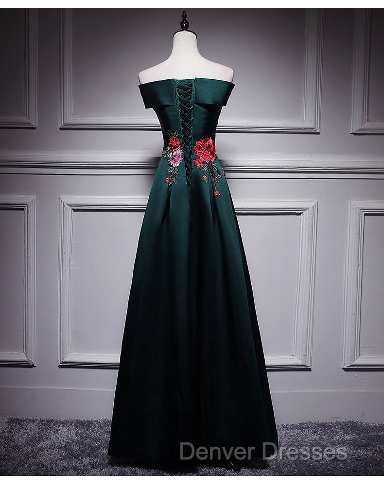 Dark Green Satin Off Shoulder Floor Length Satin Party Dress, Green Prom Dress Formal Dress Secondary image