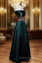 Dark Green Satin Off Shoulder Floor Length Satin Party Dress, Green Prom Dress Formal Dress