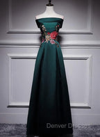 Dark Green Satin Off Shoulder Floor Length Satin Party Dress, Green Prom Dress Formal Dress