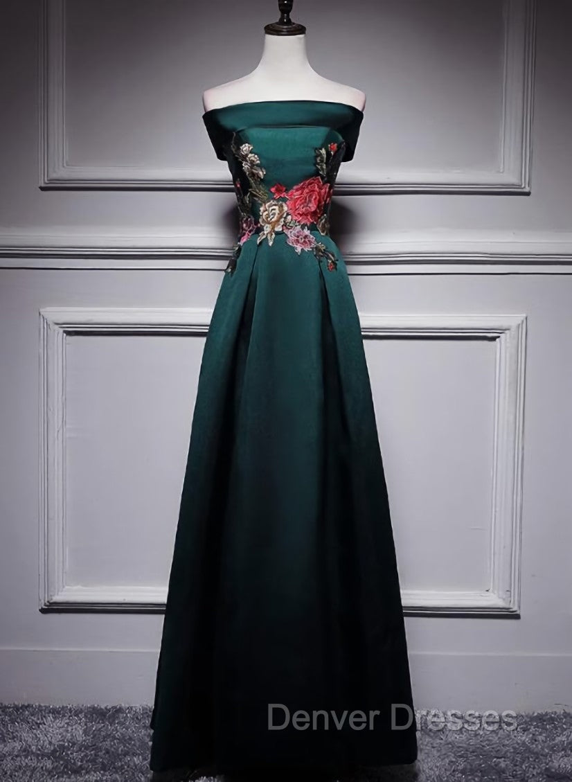 Dark Green Satin Off Shoulder Floor Length Satin Party Dress, Green Prom Dress Formal Dress