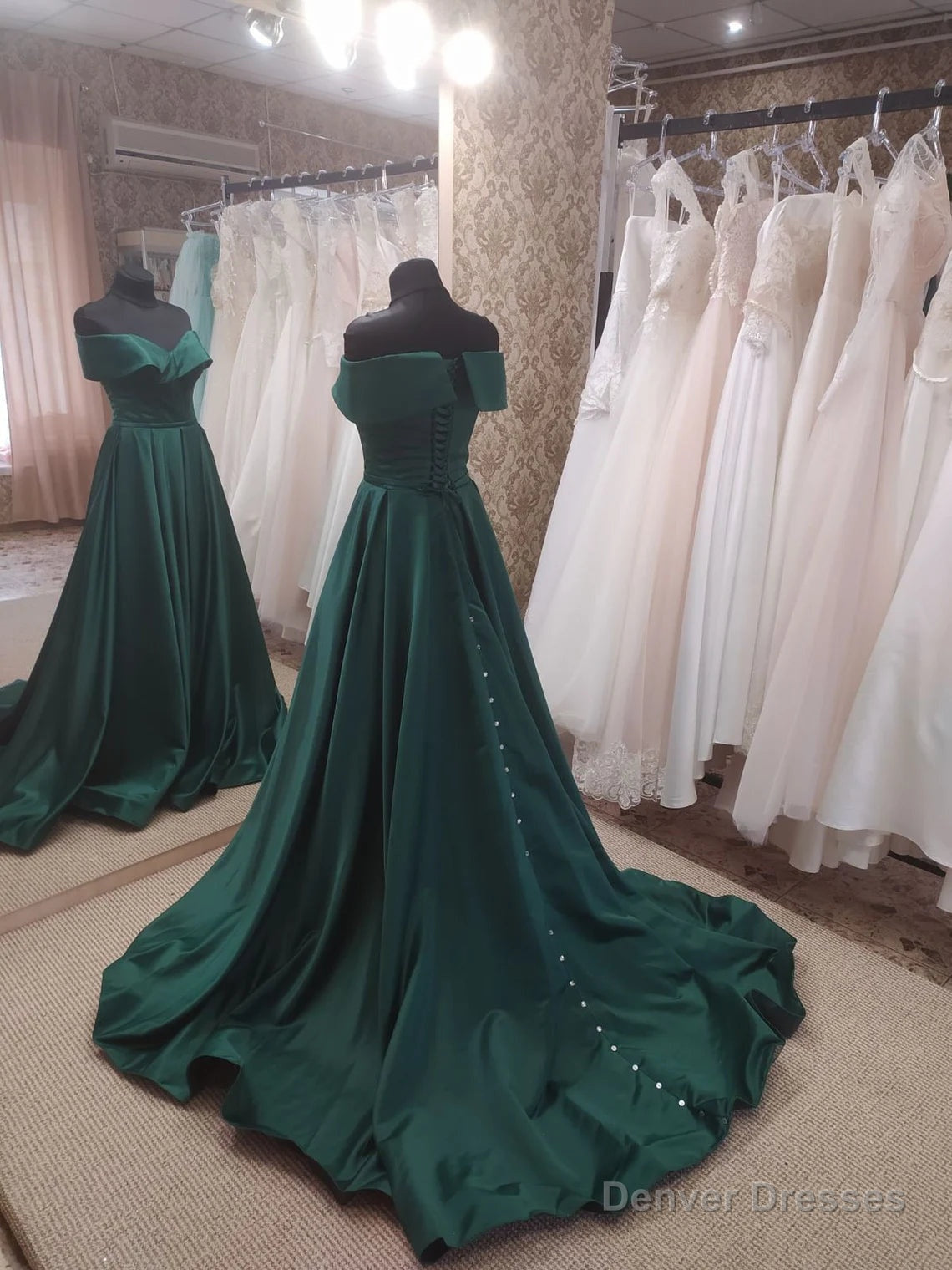 Dark Green Satin Off Shoulder Long Formal Dress with Slit, Long Evening Dresses Main image
