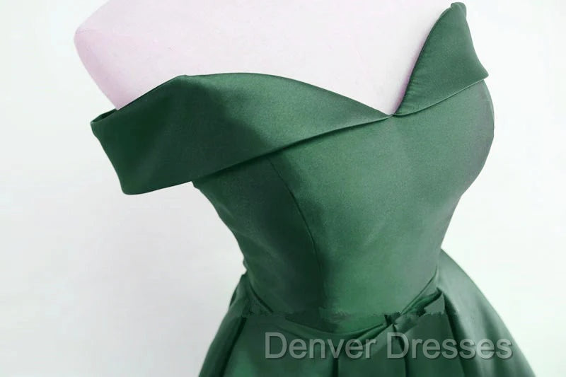 Dark Green Satin Off Shoulder Short Prom Dress, Green Homecoming Dress Secondary image