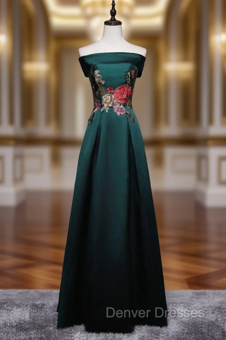 Dark Green Satin Off the Shoulder Appliques Prom Dress Main image