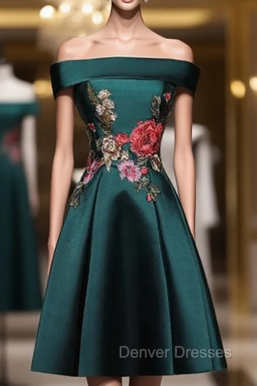 Dark Green Satin Off the Shoulder Appliques Tea Length Prom Dress