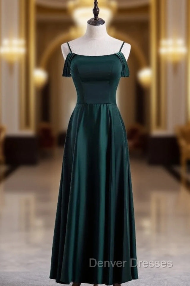 Dark Green Satin Spaghetti Straps Prom Dress Main image