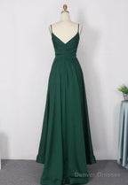 Dark Green Satin Straps V-Neckline A-Line Party Dresses, Green Evening Long Prom Dress