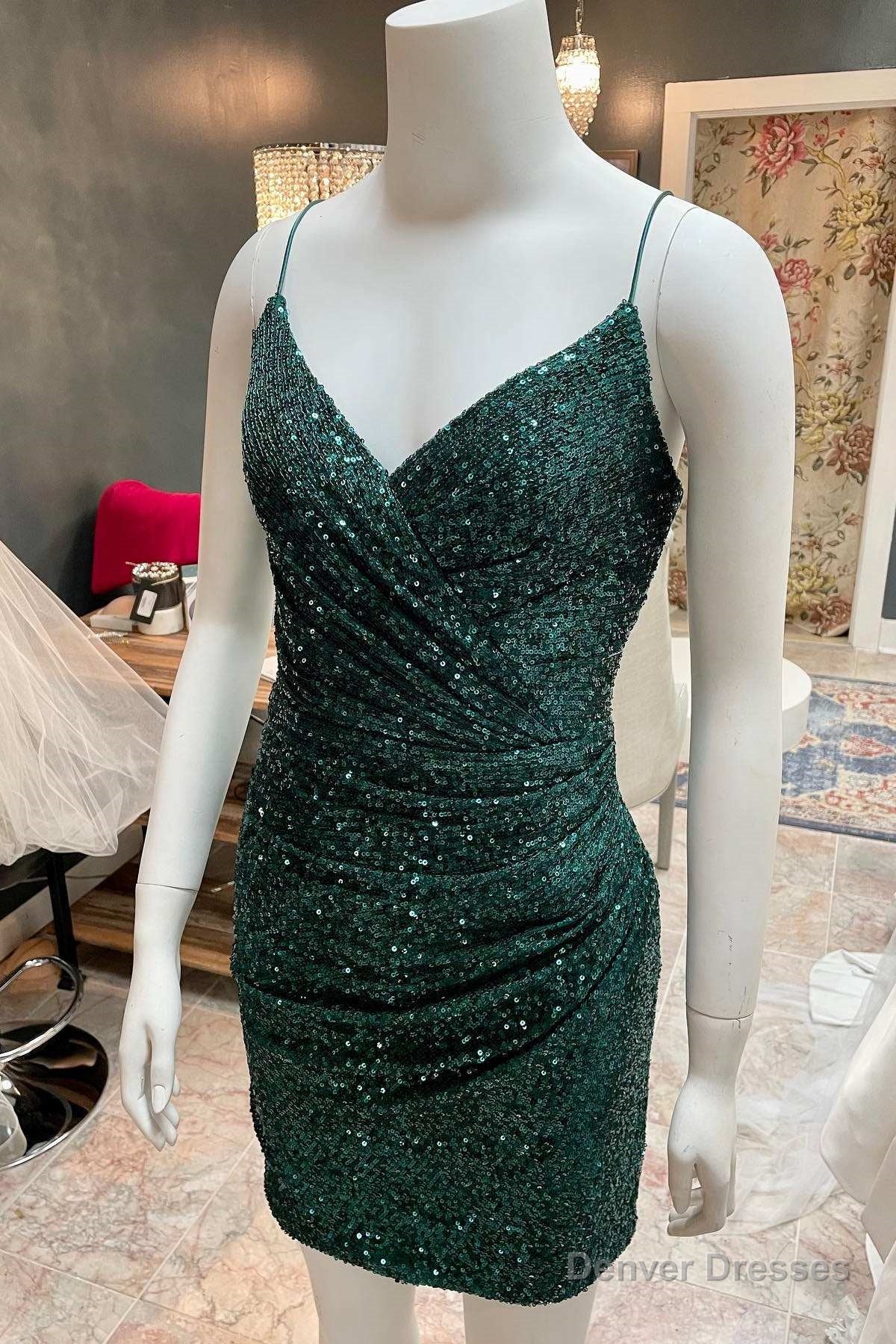 Dark Green Sequin Spaghetti Straps Ruched Cocktail Dress,Mini Prom Dresses Main image