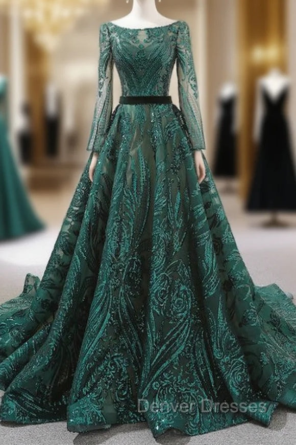 Dark Green Sequins Long Sleeve Backless Prom Dress With Long Train Main image
