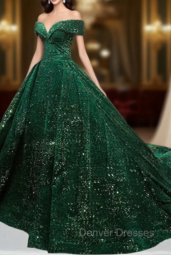 Dark Green Sequins Off Shoulder Ball Gown Sweet 16 Dress, Dark Green Prom Dress