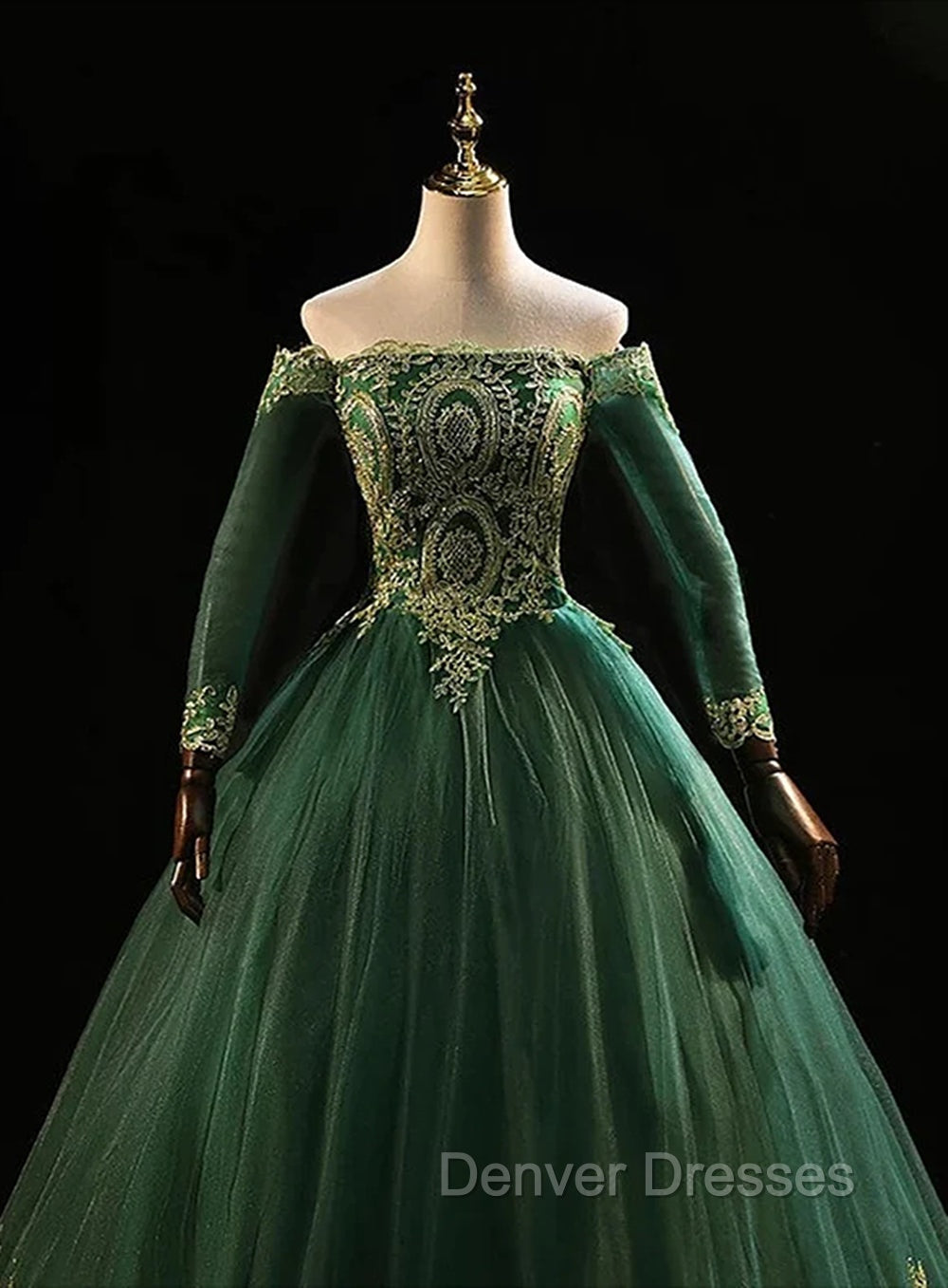 Dark Green Sleeves with Gold Lace Sweet 16 Dress, Dark Green Long Formal Dress Secondary image