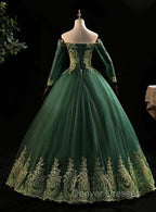 Dark Green Sleeves with Gold Lace Sweet 16 Dress, Dark Green Long Formal Dress