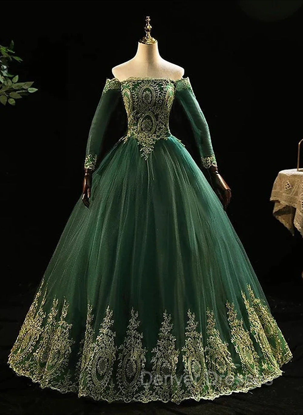 Dark Green Sleeves with Gold Lace Sweet 16 Dress, Dark Green Long Formal Dress Main image