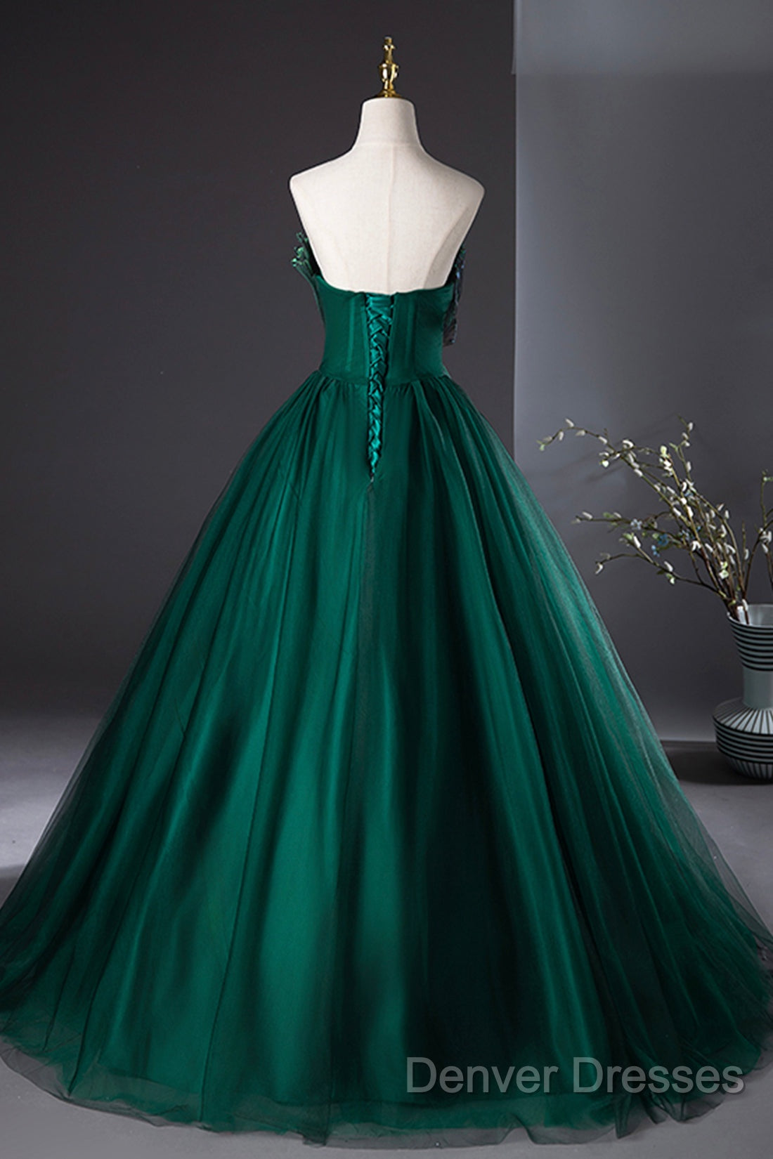 Dark Green Strapless Tulle Long Prom Dress, Beautiful A-Line Formal Evening Dress