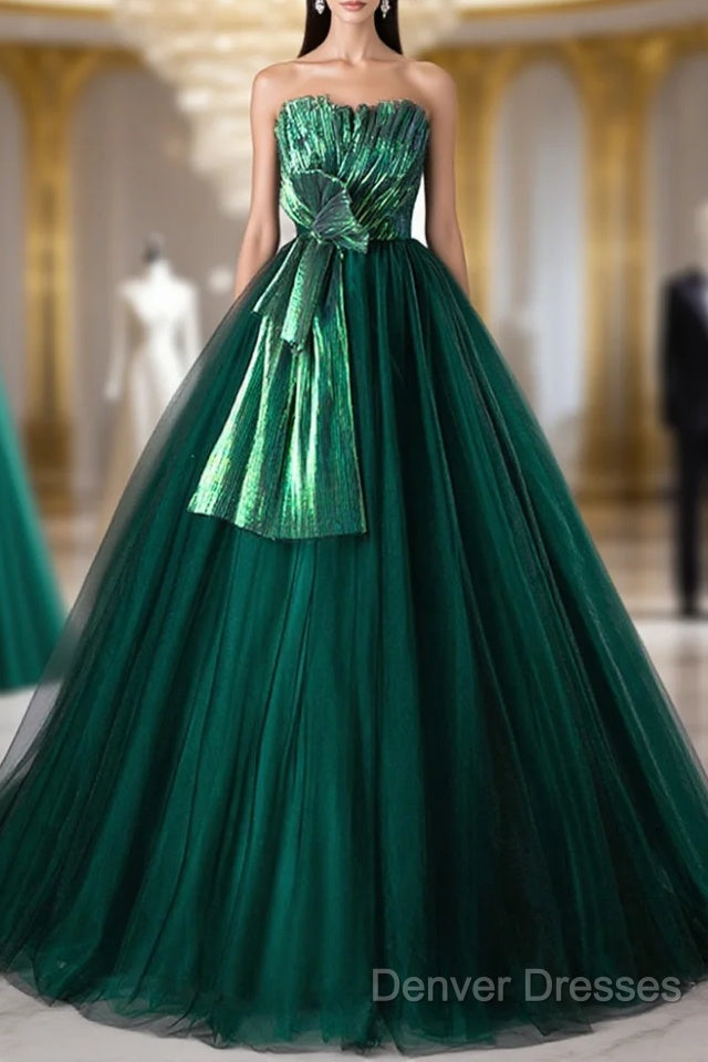 Dark Green Strapless Tulle Long Prom Dress, Beautiful A-Line Formal Evening Dress Main image
