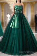 Dark Green Strapless Tulle Long Prom Dress, Beautiful A-Line Formal Evening Dress
