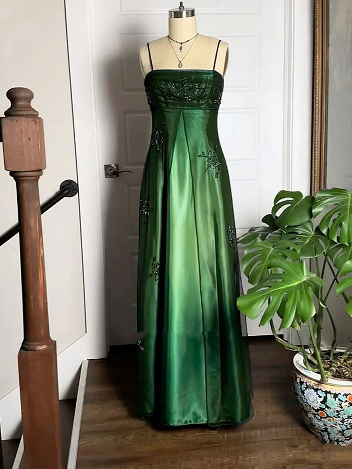 Dark Green Straps A-Line Tulle Prom Dress, Green Satin Beaded Lace Party Dress Main image