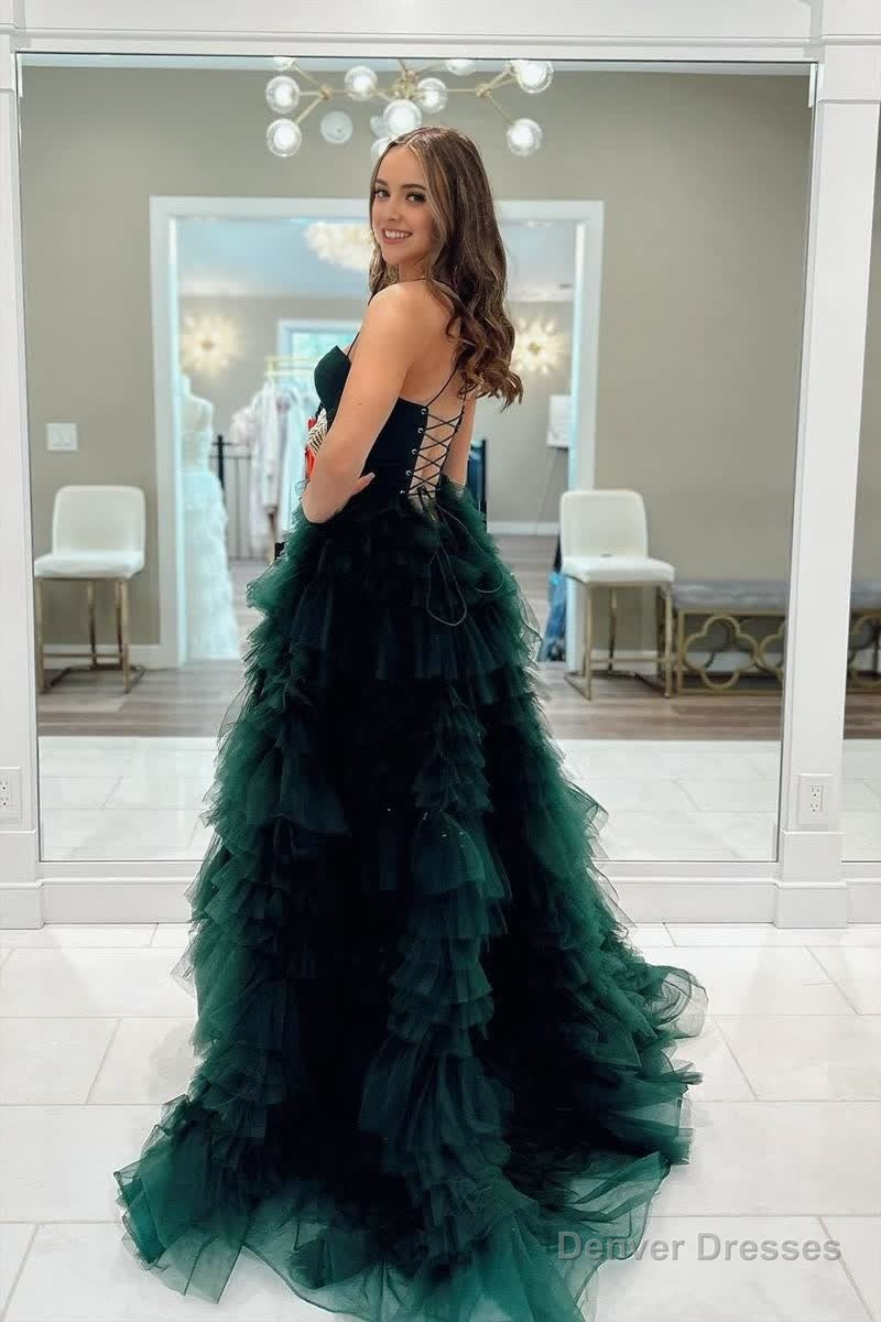 Dark Green Sweetheart Ruffle Tiered Tulle Long Prom Dresses with Slit Secondary image