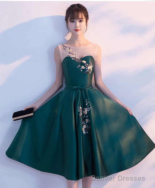 Dark Green Tea Length Satin Bridesmaid Dress, Floral Party Dress Main image