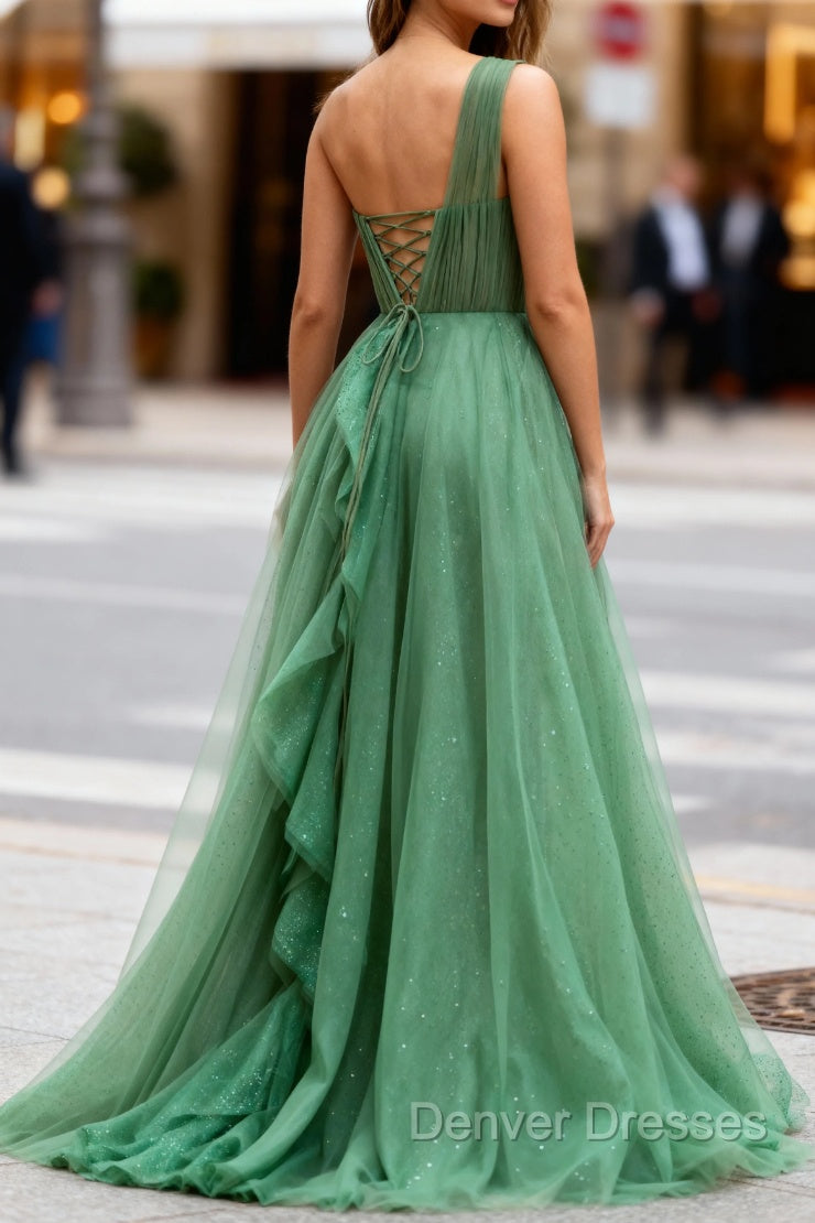 Dark Green Tulle A-Line One-Shoulder Long Prom Dress Secondary image