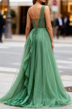 Dark Green Tulle A-Line One-Shoulder Long Prom Dress