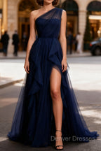 Dark Green Tulle A-Line One-Shoulder Long Prom Dress