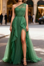 Dark Green Tulle A-Line One-Shoulder Long Prom Dress
