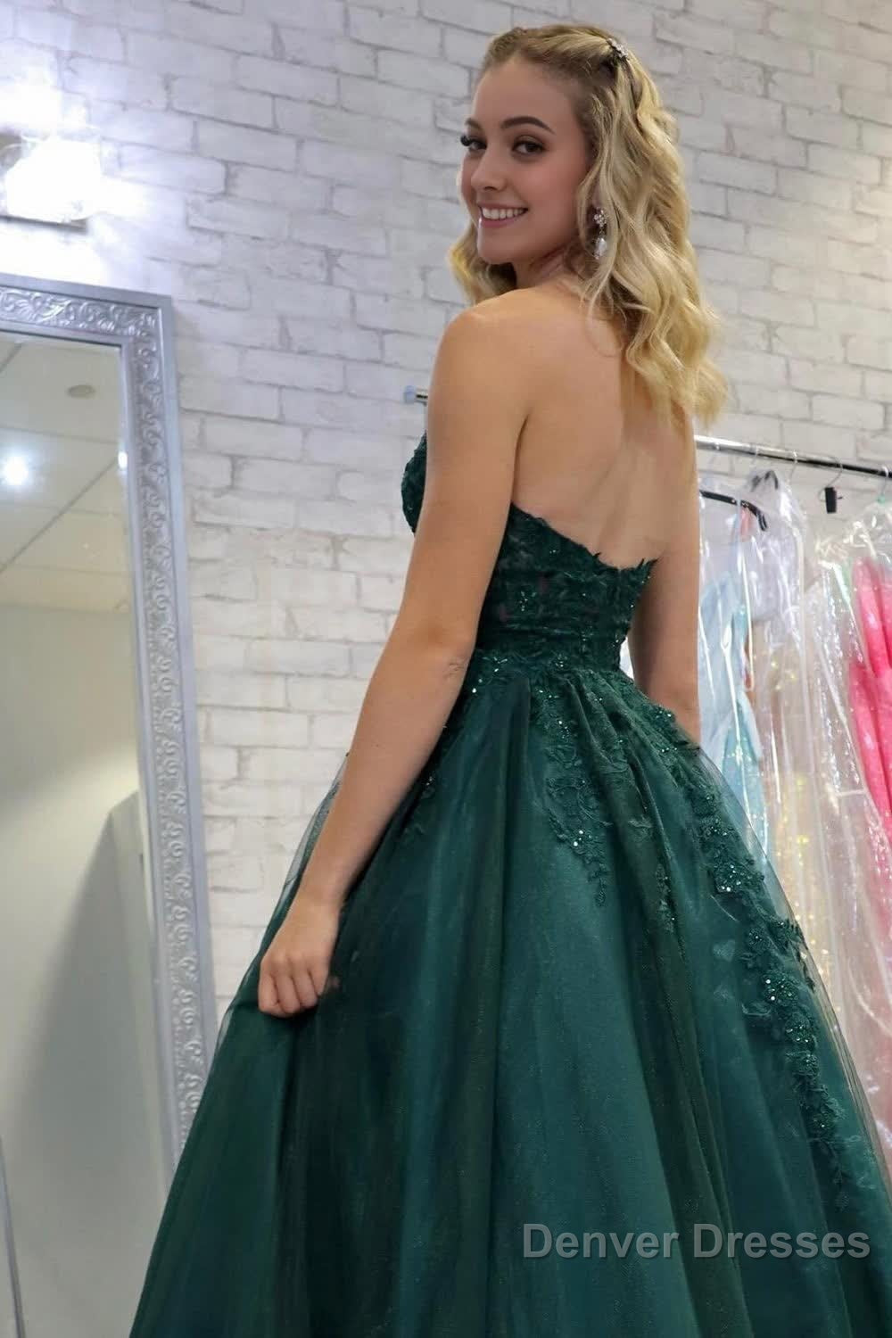 Dark Green Tulle A Line Prom Dress with Appliques Secondary image