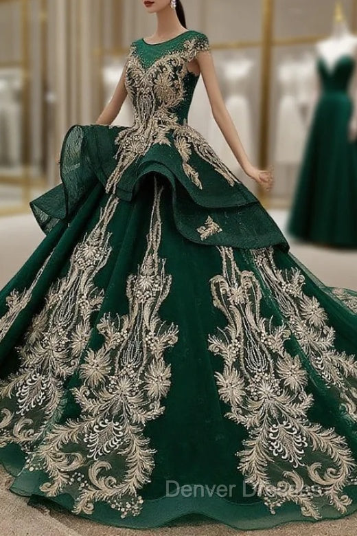 Dark Green Tulle Appliques Beading Cap Sleeve Backless Wedding Dress