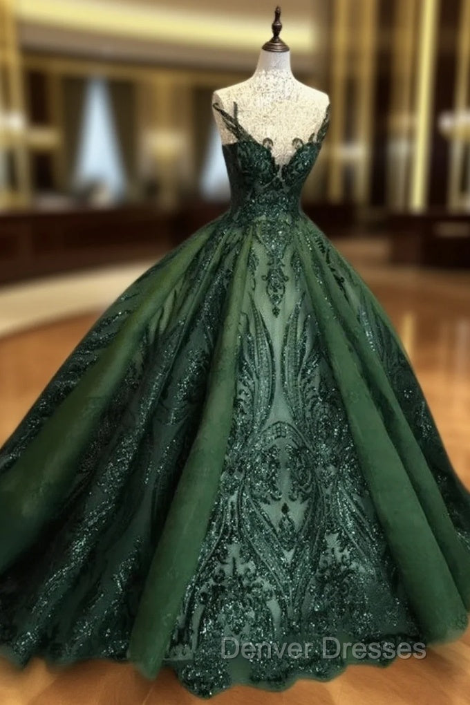 Dark Green Tulle Ball Gown Formal Dress Shiny Tulle Lace Sweet 16 Dress prom Dress shops