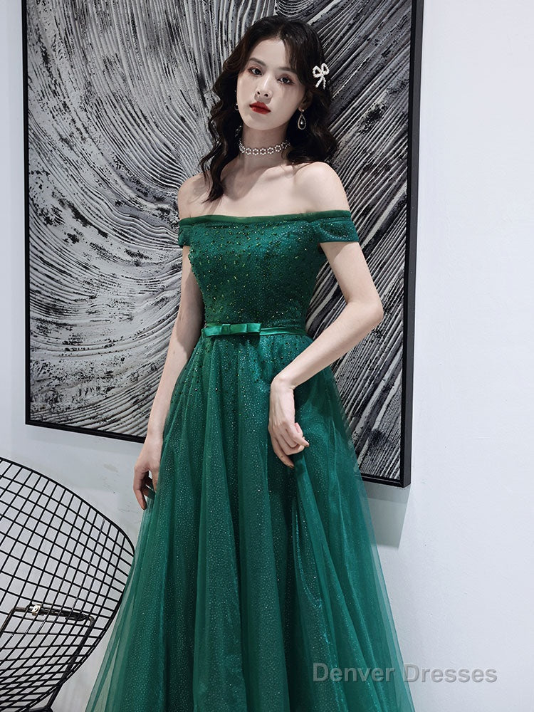 Dark Green Tulle Beaded Off Shoulder Long Party Dresses, A-Line Long Evening Dresses Secondary image