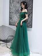 Dark Green Tulle Beaded Off Shoulder Long Party Dresses, A-Line Long Evening Dresses