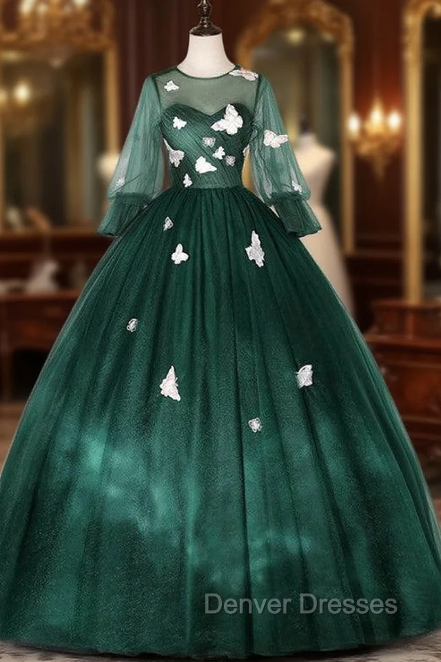 Dark Green Tulle Butterfly Appliques Bell Sleeve Quinceanera Dress Main image