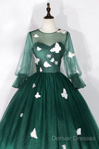 Dark Green Tulle Long Prom Dress, A-Line Long Sleeve Evening Party Dress With Butterfly Appliques